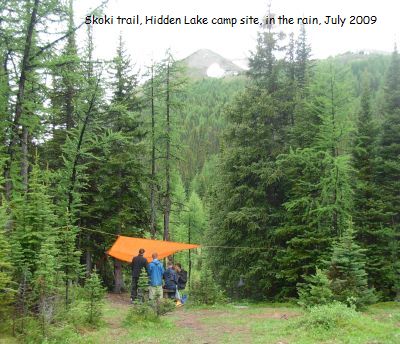 Skoki trail, Hidden Lake campsite, in the rain, 2009